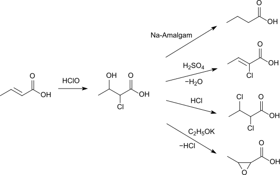 Реакция бутеновой кислоты с 2-хлор-3-гидроксибутановую кислоты и последующих реакций