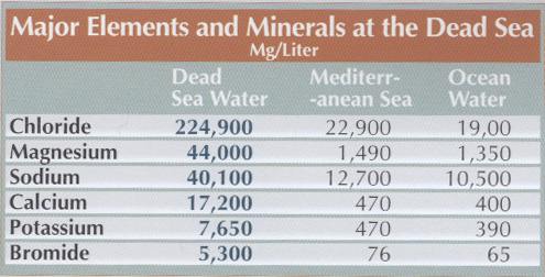 Воды моря отличаются особо высоким содержанием солей (в три раза больше, чем в водах Средиземного моря) и минералов 